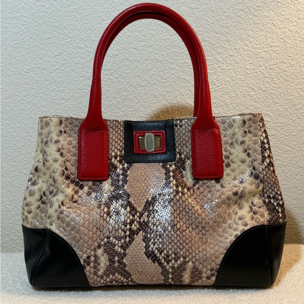 Furla Red-Handle Snake-Print Satchel with Black Accents